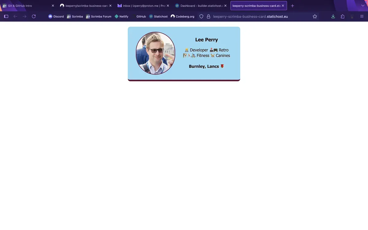 Screenshot showing a business card with a styled avatar image and information about my interests on blue and claret.