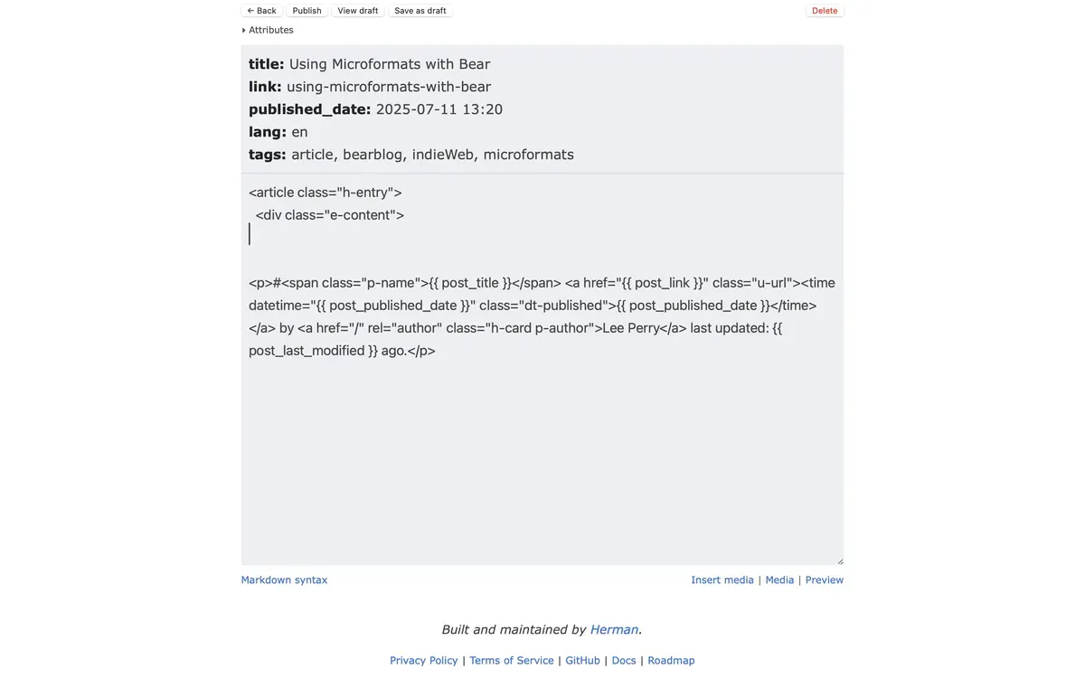 Screenshot showing the bear post editor with microformats code above and below