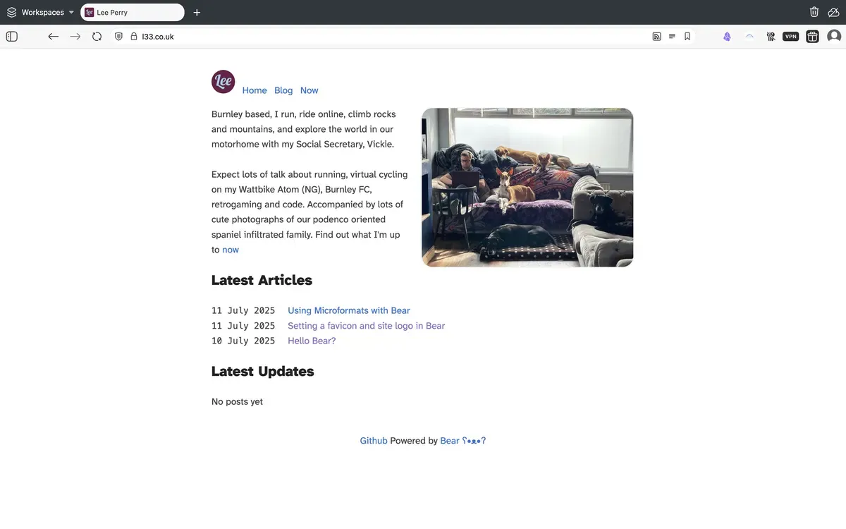Screenshot from the front page of my Bear website showing my h-card ash the top of the page