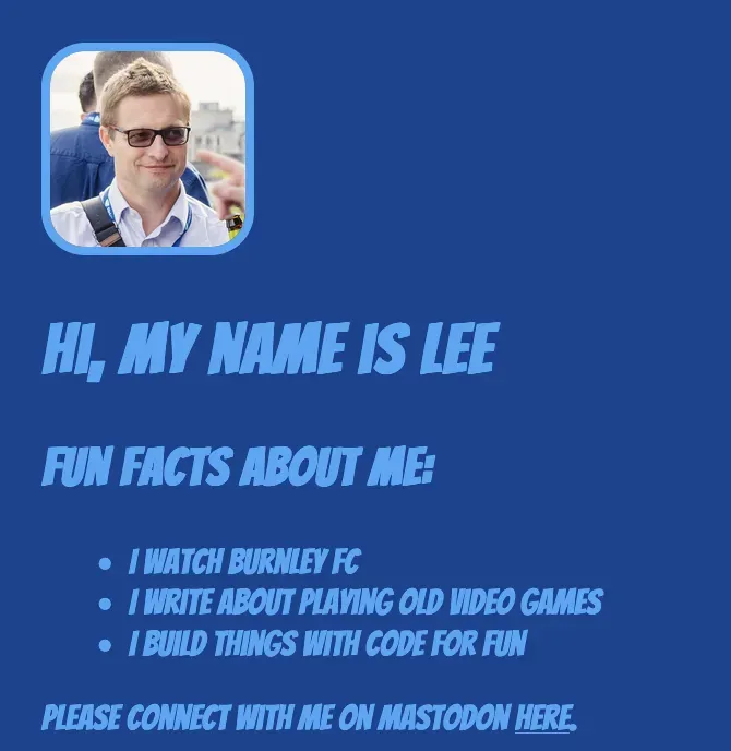 Screenshot of a personal website with avatar, key interests, and follow buttons