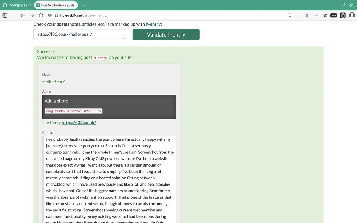 Screenshot showing a post on this website passing the h-entry tests on indiewebify