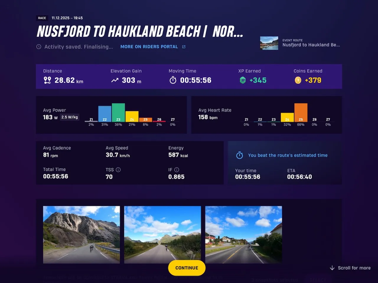 Screenshot from Rouvy riders portal showing key ride statistics and metric charts