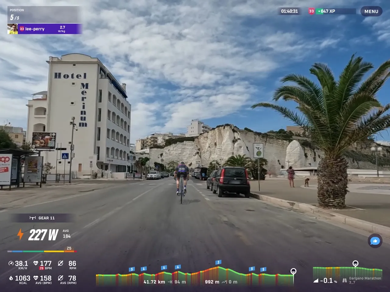 Riders avatars riding into Vieste on Rouvy with white cliffs in the background, and palm trees in the foreground.