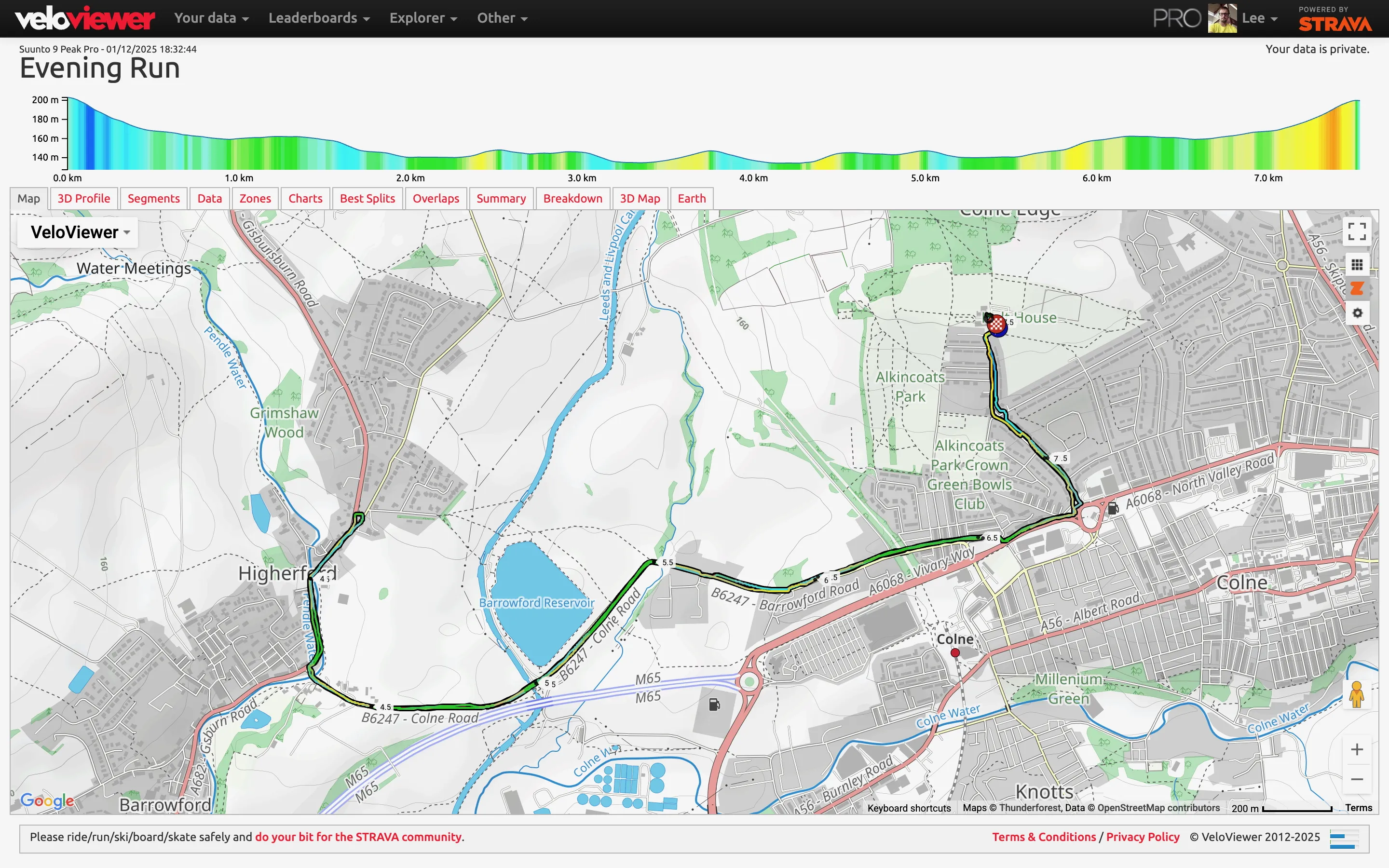 Map from veloviewer showing run route and elevation profile.