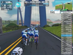 Riders avatars approaching a suspension bridge on Zwift