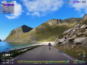 Riders avatars cycling on Rouvy with a sandy beach and fjord beyond, and a mountain col in the background.