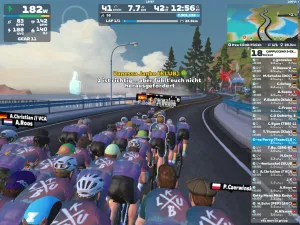 Riders avatars passing the ocean to the left of the image in purple Klubb group attire