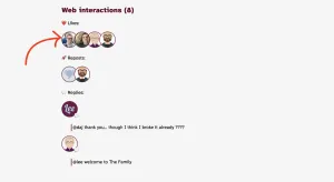 Screenshot from my website showing my webmention avatar sliding in with the other likes below a post
