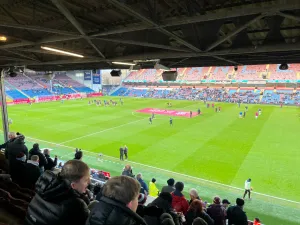 Photograph of the pitch at Turf Moor from the Bob Lord Stand pre match 
