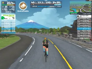 Riders avatar on Zwift, with Mount Fuji on the horizon
