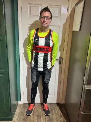Me in running clothes and Trawden vest before leaving for Stockport for the race