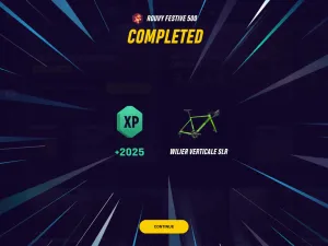 A picture of a challenge completion screen from Rouvy shoing that the Festive 500 challenge is complete, and that the completer has been awarded experience points and a new digital bicycle to ride.